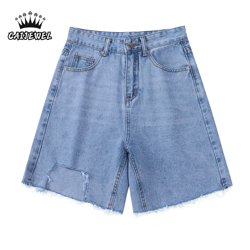 

Women Ripped Short Jeans 2022 Summer Wide Leg High Waist Streetwear Pants Vintage Casual Blue Baggy Ladies Straight Denim Pants