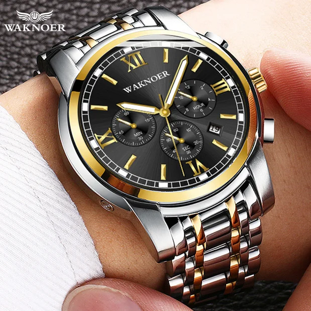 

WAKNOER Luxury Men's Watch Stainless Steel Strap Date Quartz Watches Relogio Masculino Metal Steel Wristwatch New Arrived Saati