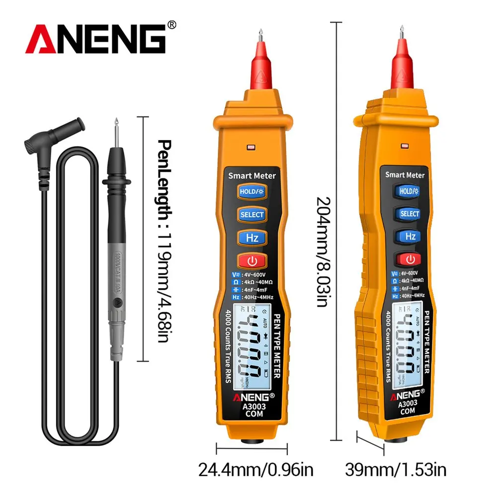 

Digital Pen Multimeter Professional 4000 Counts Smart Meter with NCV AC/DC Voltage Resistance Capacitance Testers ANENG A3003