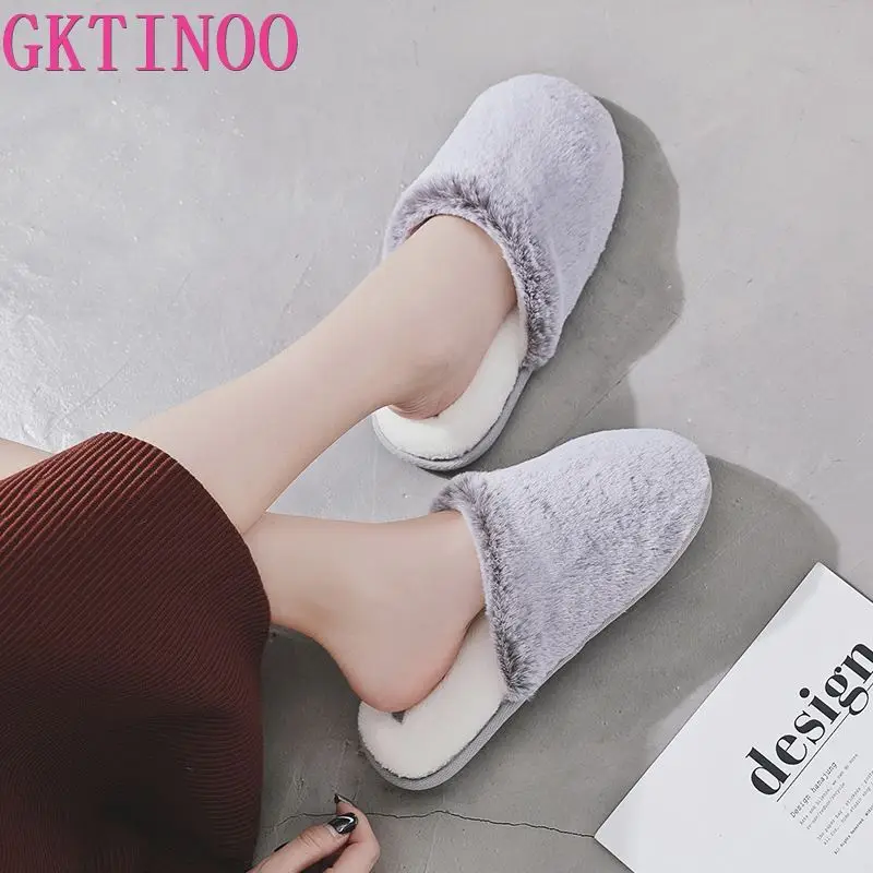 

GKTINOO Winter Super Warm Fur slippers women shoes high quality Japanese Sweet plush women slides Bedroom non-slip slipper women