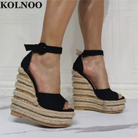 kolnoo new style handmade ladies wedges heels sandals peep toe sexy buckle strap party prom shoes evening fashion club shoes