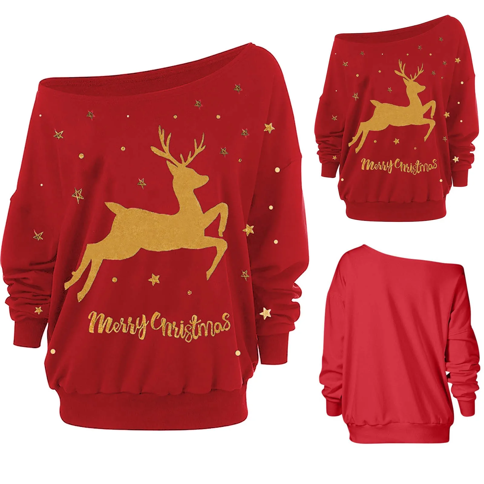 2021 Sweatshirt Christmas 3 Dwarf Elk Prints Women Fashion Solid Color Long Sleeve Diagonal Collar T-shirt Top Bluza Felpa #dz