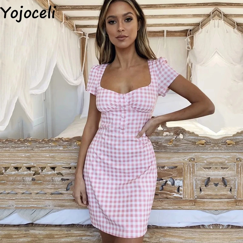 Yojoceli сексуальное клетчатое Короткое женское платье на пуговицах летние