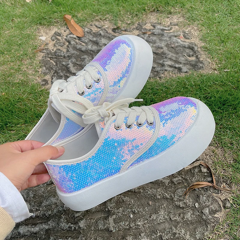 

Fashion Sequins Trend Ladies Single Shoes Spring And Summer New All-Match Low-Cut Lace-Up Platform Casual Shoes