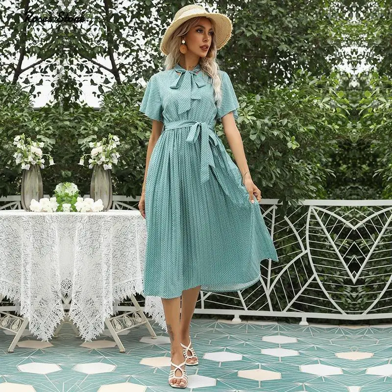 

2022 Summer Bow Tie Neck Short Sleeve Pleated Dresses Women's Fashion Elegant Green Midi Dress With Belt Birthday Party Clothing