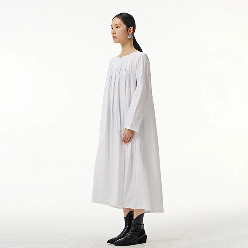 SHENGPALAE Fashion Simple Solid Color Dress Women Spring 2022 New Round Neck Loose Big Swing Long Sleeve Mid-calf Dresses Female | Женская