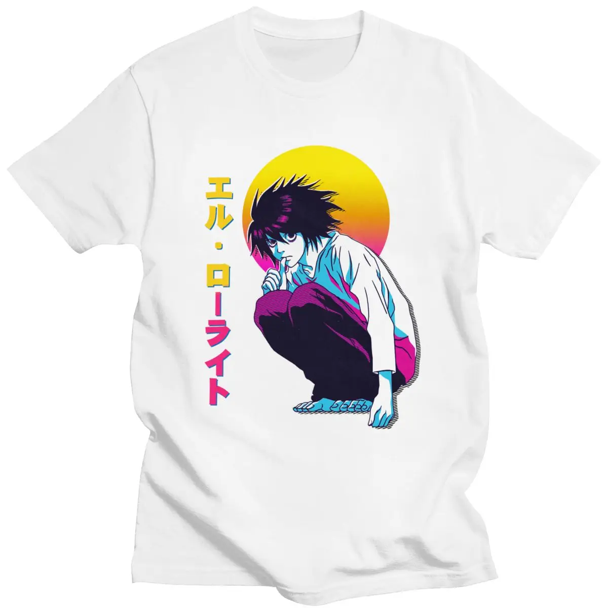 

Neck Short Sleeve Printed Mystery Manga Anime Vaporwave Death Note Shirt Soft Lycra L Lawliet Tees Crew T-shirt Clothing