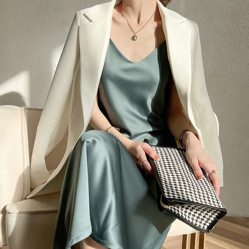 

2021 summer satin women's dress mid-length elegant temperament suspender solid color v collar female casual slim simple dress