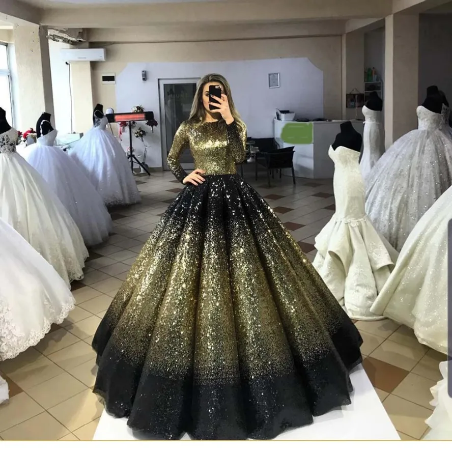 

Bling Sparkly Gold- Black Puffy Sequined Prom Dresses High Collar Full Sleeves Muslim Long Gowns Luxury Abiye Party Costume