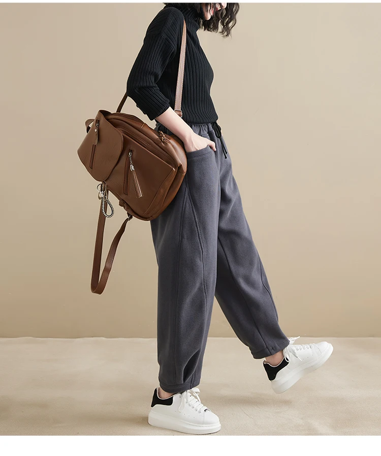 Winter New Trendy Warm Fleece Thick Oversize Loose Casual Trouser Women Solid Color Elastic Waist Versatile Premium Sweatpants