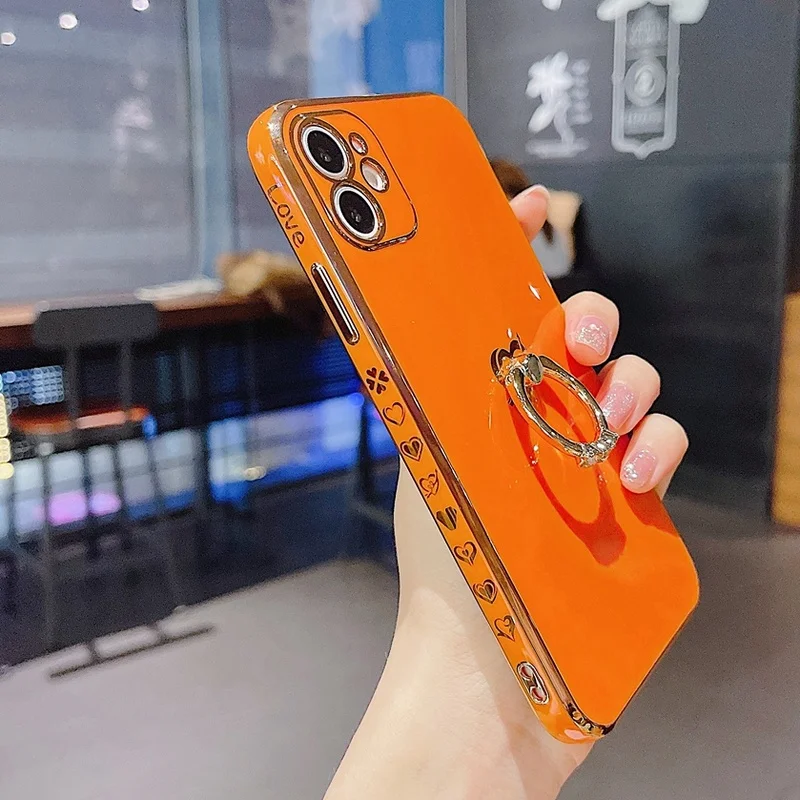 

Luxury Plating Silicone Case For iPhone 11 12 Pro Max XS XR X 7 8 Plus iPhone11 Love Heart Bumper Soft Covers With Ring Holder