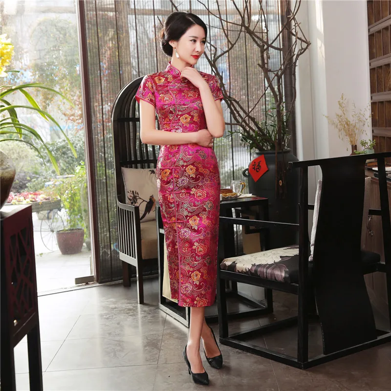 Большие размеры 3XL золотой цветок короткий рукав для женщин Cheongsam воротник стойка