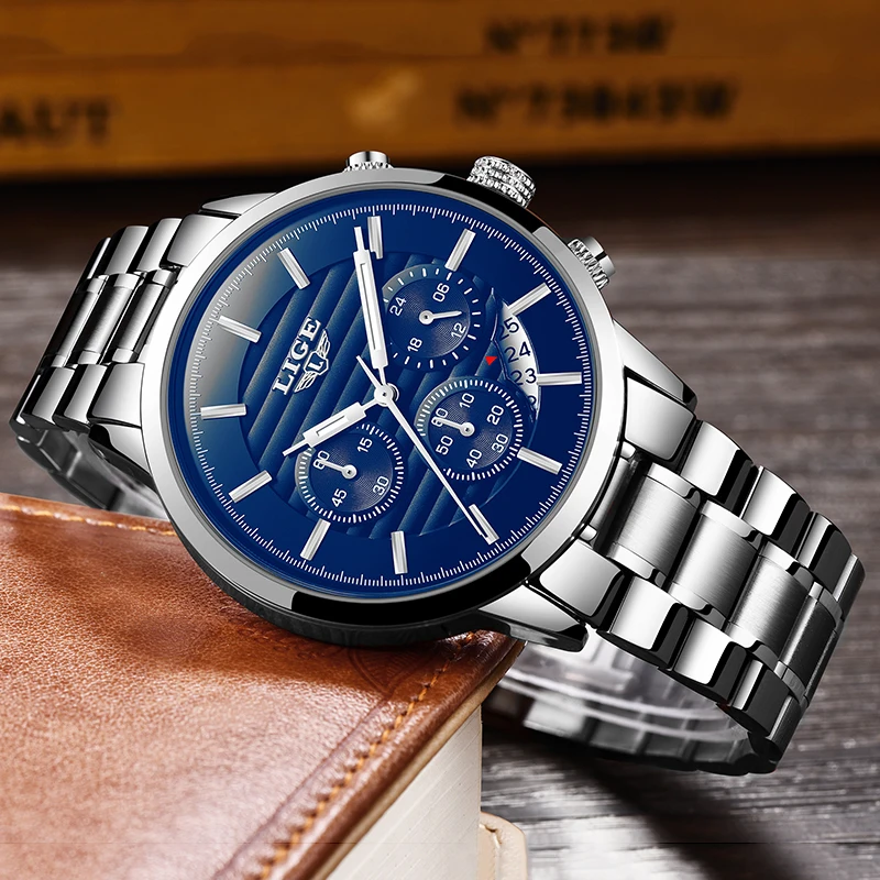 Часы наручные LIGE мужские с хронографом спортивные роскошные кварцевые Стальные