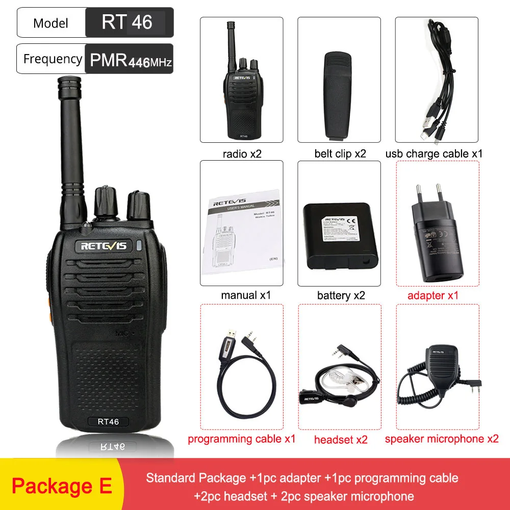 Package E Пара RETEVIS RT46 Walkie Talkie PMR радио PMR446/FRS Портативное двухстороннее радио VOX Micro-usb зарядка Li-Ion(или AA) батарея - Цвет: Package E