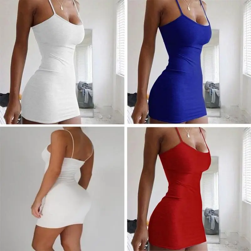 NORMOV Sexy Bodycon Dress Womens Summer Casual Cotton Stretchy Sleeveless Solid Elastic Thin Shoulder | Женская одежда