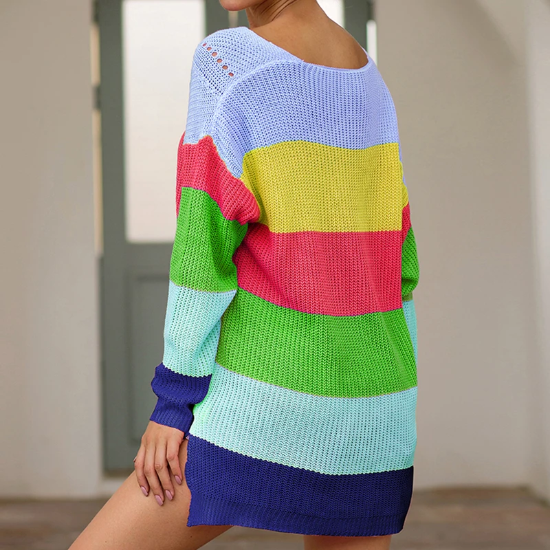 Женские радужные свитера больших размеров зима 2019 Разноцветные полосатые