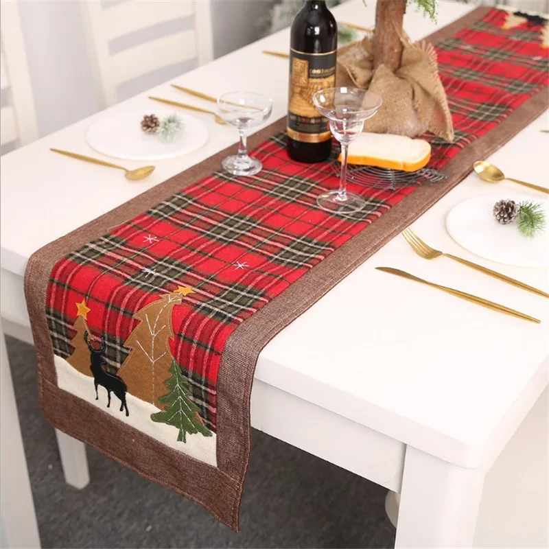 

1pcs Christmas Table Runner Buffalo Plaid Check Dinner Scarf Decor Reindeer Tree Dresser Scarves for Xmas Kitchen Tablerunner