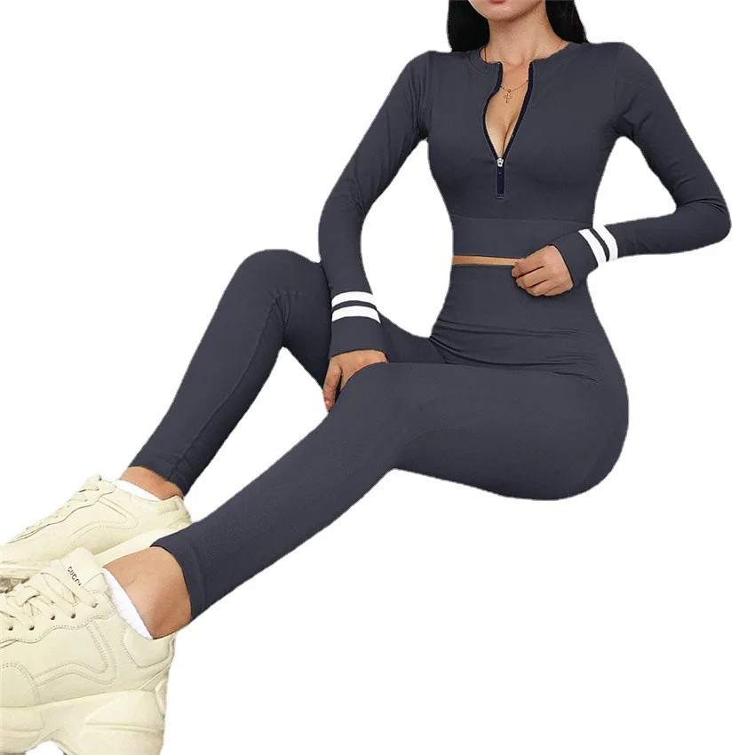 

Women's long sleeve zipper top high waist tights Fitness Yoga suit outdoor sportswear suit workout clothing women
