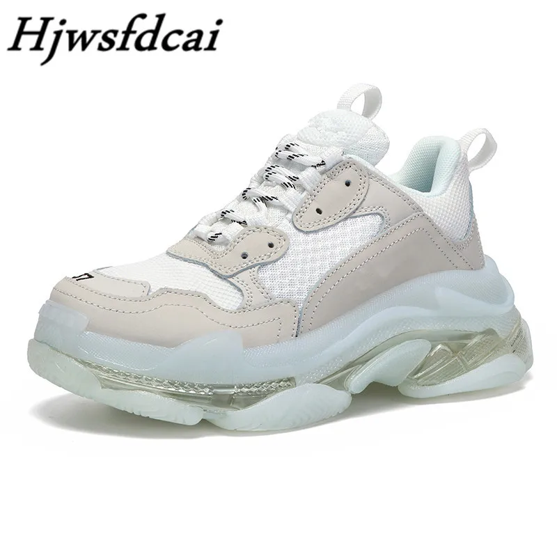 

Hjwsfdcai Women's Casual Sneakers Transparent Air Sole Shoes Round Toe Lace Up Leather Daddy Shoes Outdoor Walking Shoe Footwear