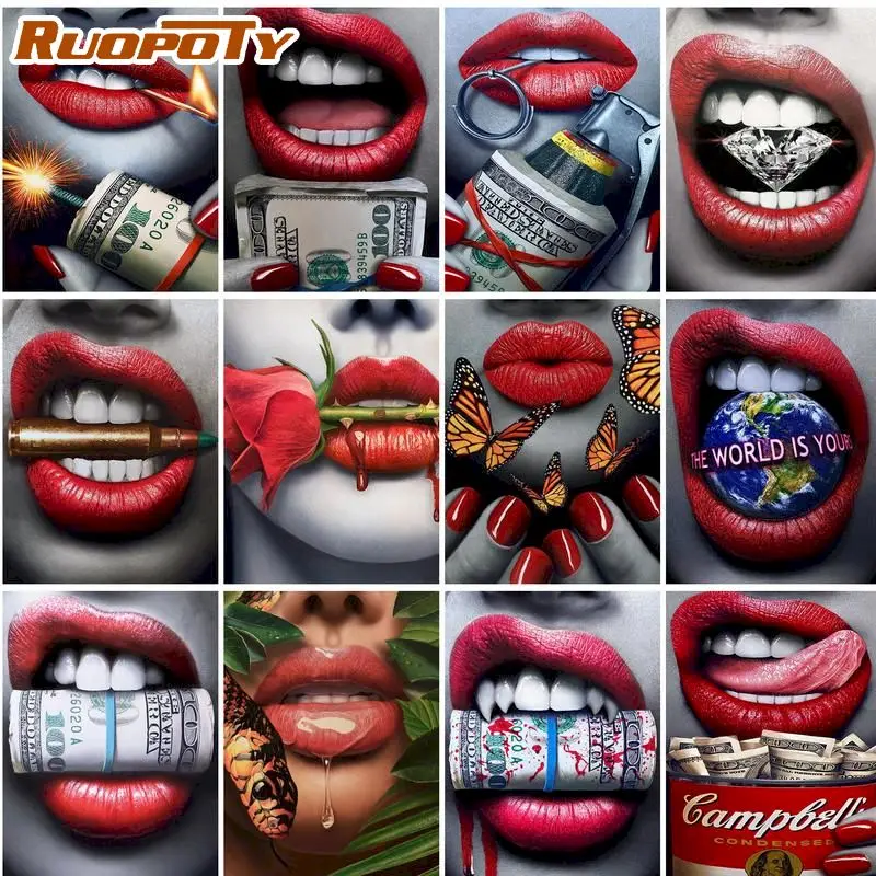 

RUOPOTY DIY Painting By Numbers Figure Red lips Kits Paints by numbers Gift HandPainted On Canvas Living room Art Gift