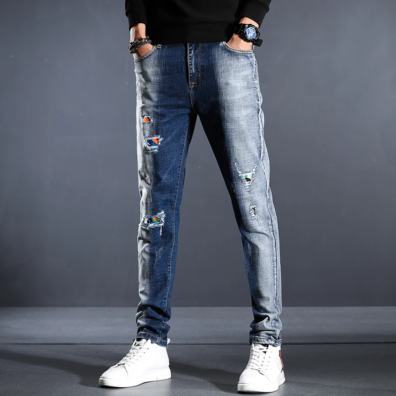 

2021 Spring New Style MEN'S Jeans Straight Slim Skinny Hole & Patch Fashion Flow Beggar Spring and Autumn Fashion