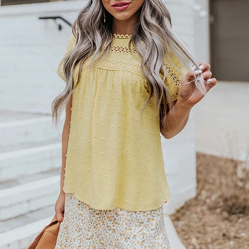 Блузка женская с коротким рукавом стильная повседневная рубашка кружевными