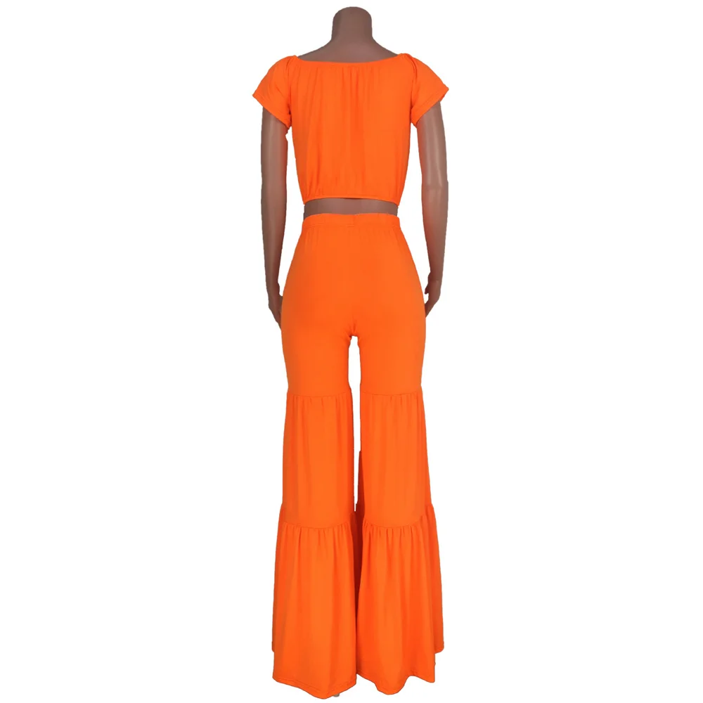 

Neon Green Workout 2 Piece Sweatsuit Women's Costumes Off Shoulder Short Sleeve Crop Top and Draped Wide Leg Pant Oversized Suit