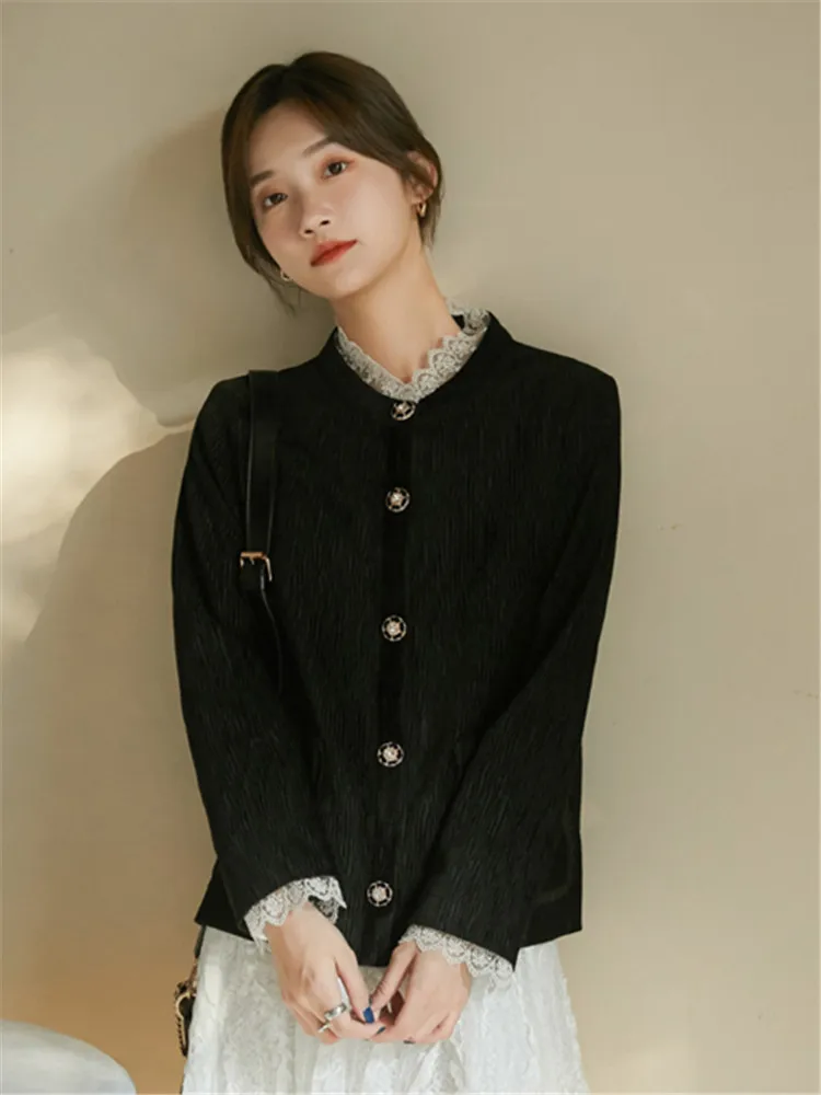 

2021 Spring Autumn Women Vintage Corduroy Coat Splice Lace Long Sleeve Black Slim Casual Elegant Jacket Female Retro Outerwear