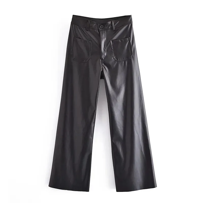 

TRAF Black Faux Leather Pants Women Wide Leg Pants Woman High Waist Baggy Trouser Vintage Button Streetwear Women Trouses
