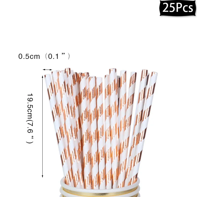 25pcs striped straw Розовое золото одноразовая посуда Бумага пластины салфетки для стаканчиков соломинки для детей и взрослых из розового золота на день рождения Выпускной Baby Shower поставки - Цвет: 25pcs striped straw