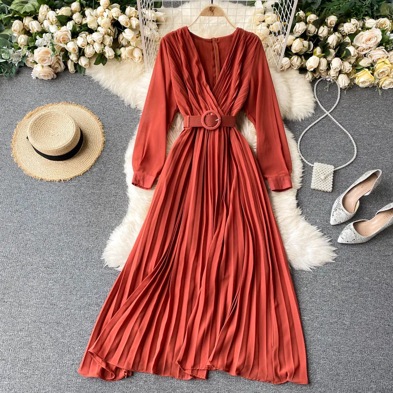 

Croysier Dresses For Women Clothing V Neck Long Sleeve Pleated Chiffon Dress Office Lady Vintage Elegant Midi Dress With Belt