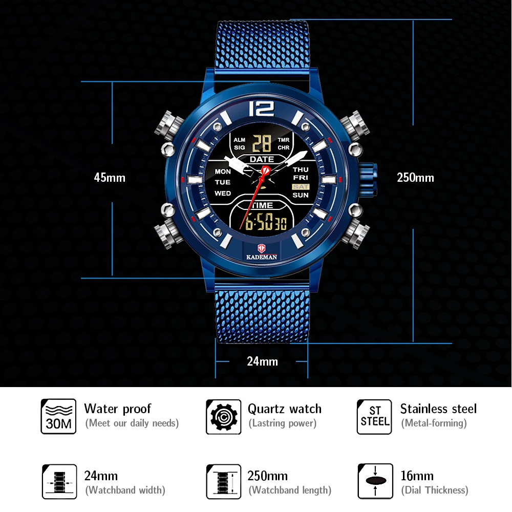 KADEMAN Men Watchs New Fashion Cool Unique Digital Big Dial Quartz Mesh Stainless Steel Simple Back Light Sport Business Watches | Наручные