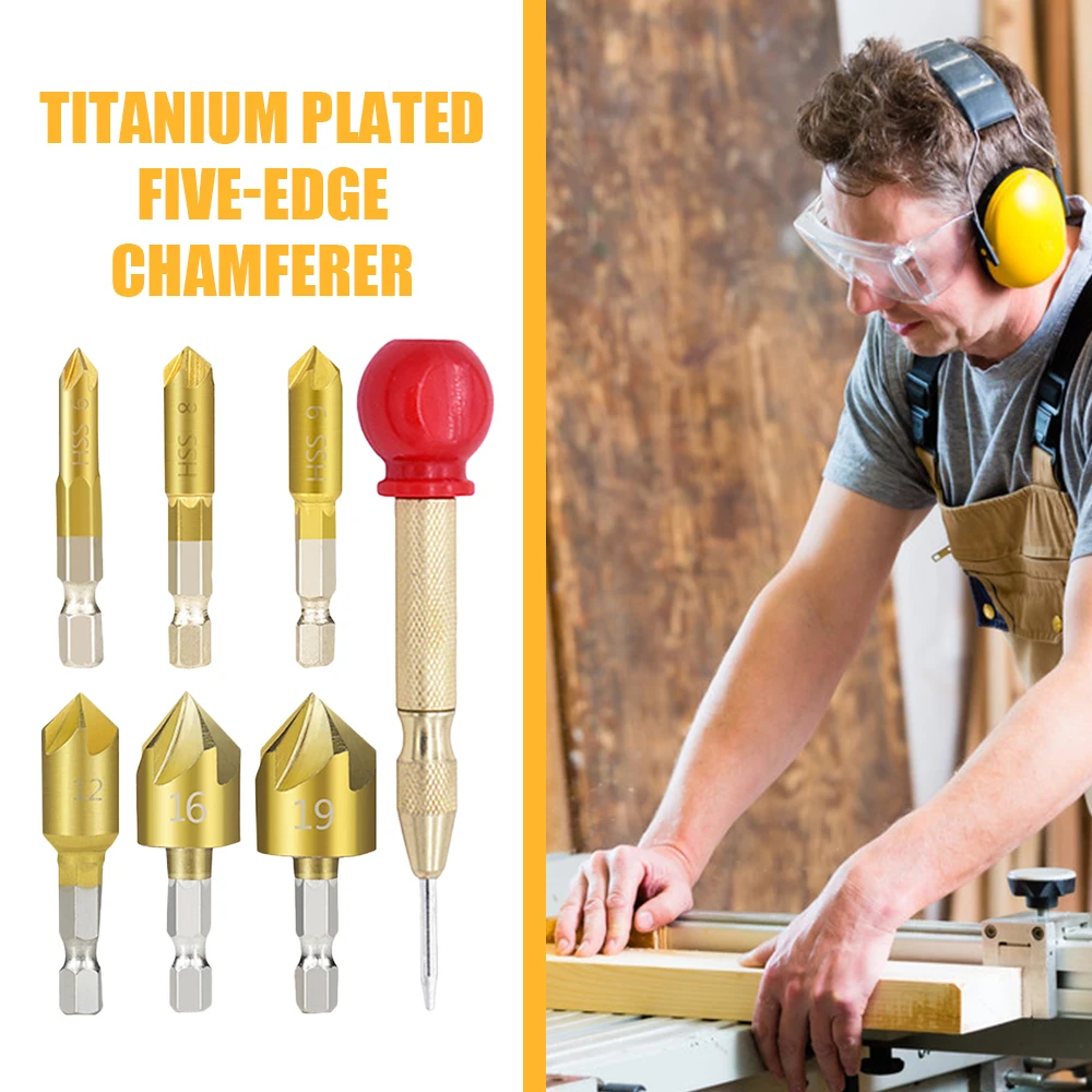 

7pcs 90 Degrees Chamfer Countersink Drill Bit Set Titanium Coated 5 Flute Hole Drill Wood Chamfering Cutter Center Punch