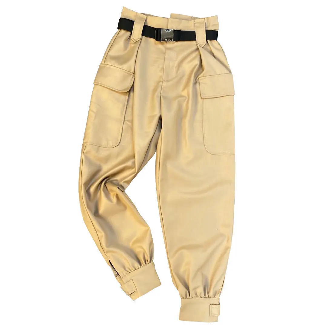 

2021 new cropped trousers women spring and autumn belt decoration side pocket decoration close up handsome street overalls