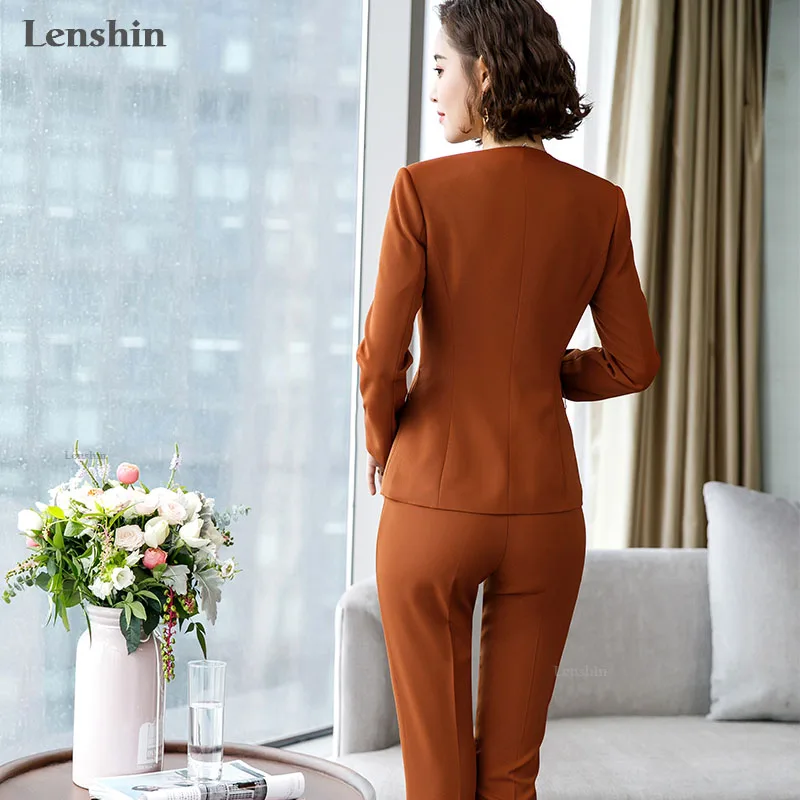 Lenshin, новинка, модные женские брючные костюмы, набор, деловые, формальные, с длинным рукавом, из кусков, блейзер и брюки, для офиса, для девушек, коричневая Рабочая форма