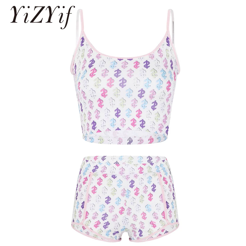 

2 Piece Set Women Summer Casual Clothes Running Fitness Workout Sportwear Set Dollar Printed Camisole Crop Top With Shorts Sets