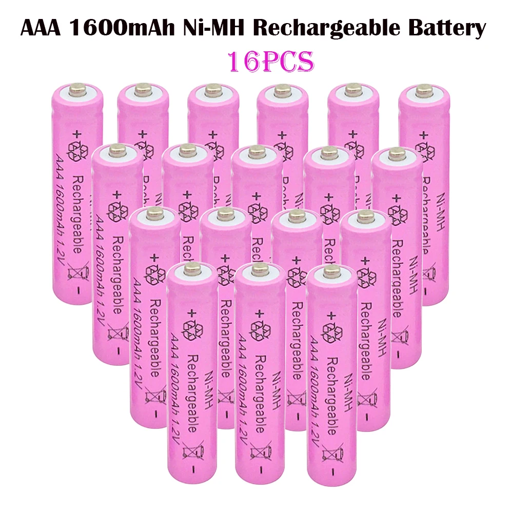 

AAA 16pcs Rechargeable Battery 1600mAh 1.2V Ni-MH Rechargeable Battery3A Pink High Quality Pre-charged Batteries for Camera Toys