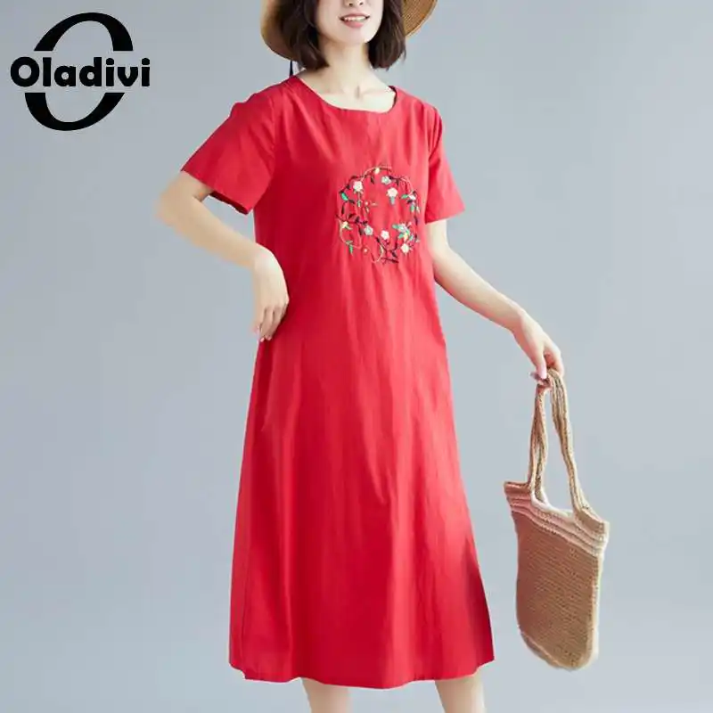 

Платье Oladivi женское хлопково-льняное с коротким рукавом, модное свободное повседневное миди-платье с вышивкой, туники, большие размеры, на л...