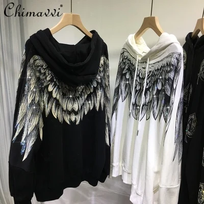 

Streetwear Fashion Crew Neck Rhinestone Big Wings Couples Hoodie Oversized Sweatshirts Autumn Spring Women Top Pullover Hoodies