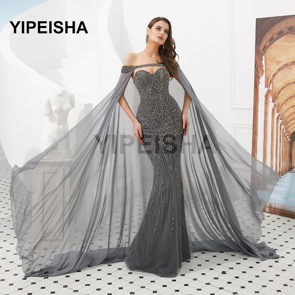 

2021 Sexy Strapless Backless Evening Dresses Beading Crystal Sequined Tulle Shawl Prom Party Gown robes de soirée