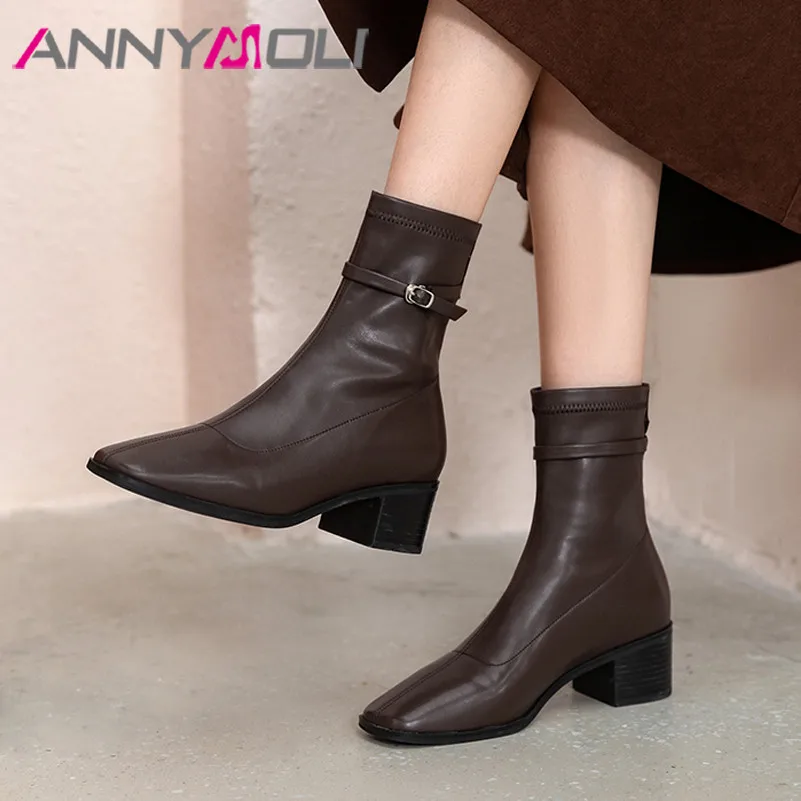

Ботильоны ANNYMOLI женские с квадратным носком, короткие сапоги на молнии, на высоком каблуке, с пряжкой, на массивном каблуке, Осенняя обувь, че...
