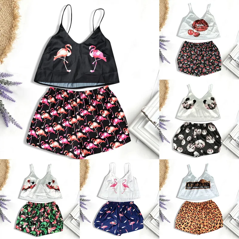

2020 Sleepwear Thin Women's Pajamas Set Cute Cartoon Print Sleepwear Spaghetti Strap Sexy Pijama Nightwear Home Suit For Woman