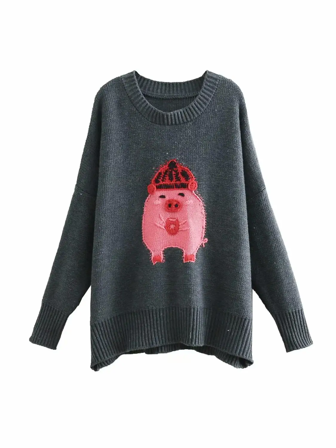 Women sweater Za 2019 casual grey tops O-neck thick embroidery long sleeve o-neck warm pink pullover | Женская одежда
