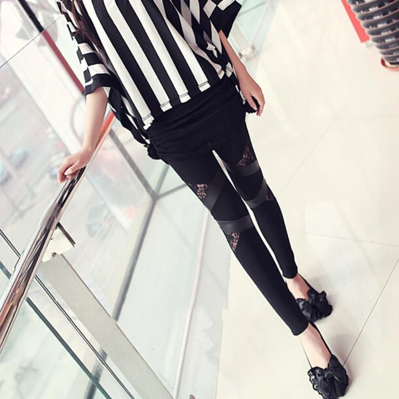 Женские Искусственная кожа кружева лоскутное шитье выдалбливают узкие брюки