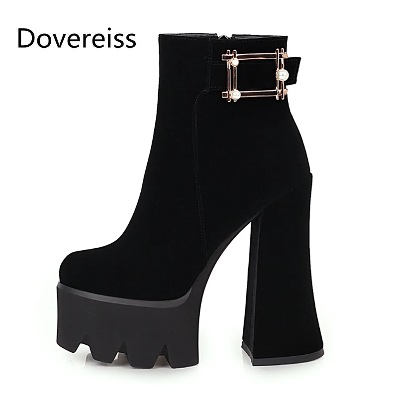 

Dovereiss/Модная женская обувь, зимние однотонные ботинки на платформе, новые привлекательные Замшевые полусапожки с острым носком и пряжкой, 43