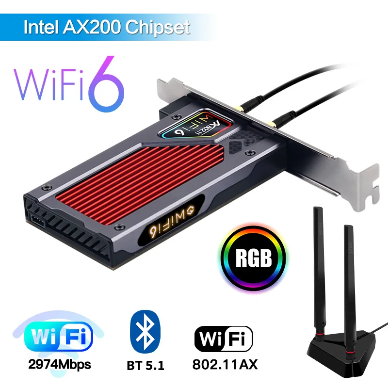 Wi-Fi Wlan карта Fenvi 3000 Мбит/с двухдиапазонный sFor Intel AX200 PCIe 6 беспроводной адаптер RGB