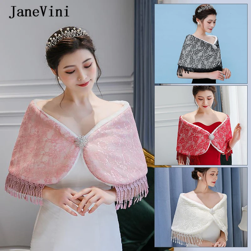 Женская короткая накидка JaneVini Черная кружевная из искусственного меха теплая