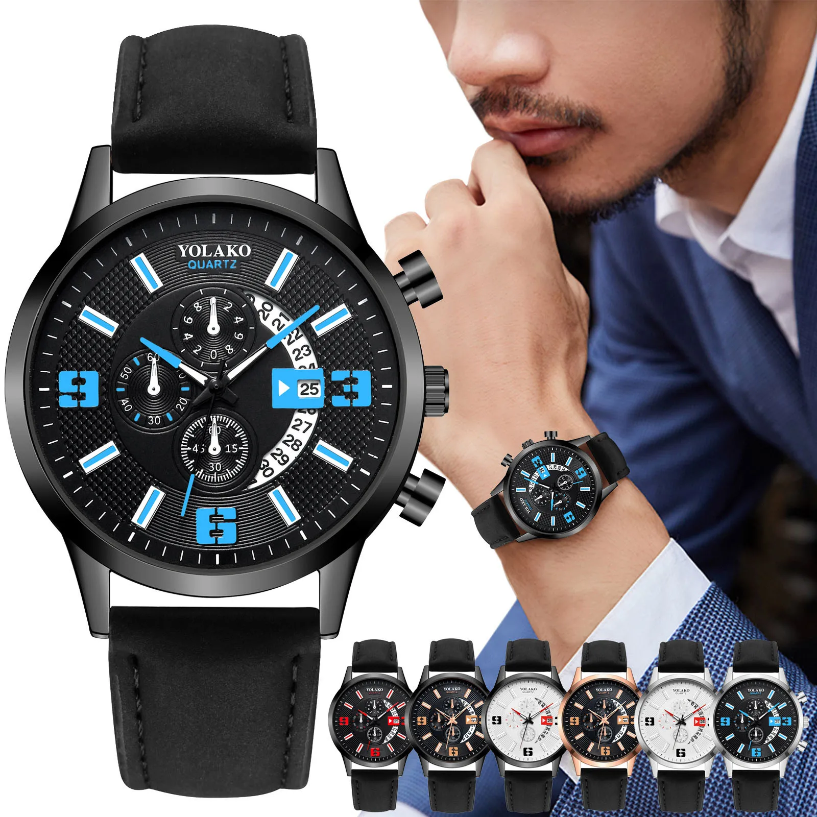 

Men Quartz Watch Auto Date Fashion Dial Black Leather Belt Strap Watch for Men Casual Bracele Wristwatch Reloj Hombre Drop Ship