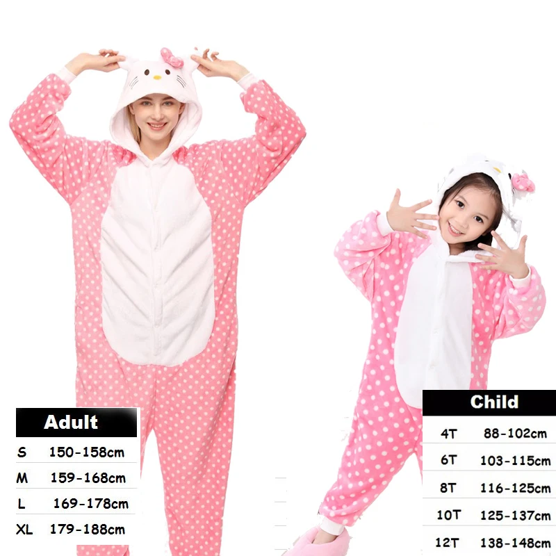 Dot KT Cat Kigurumi Onesie/Детские пижамы, пижамы с единорогом для мальчиков и девочек, зимние пижамы с изображением панды, женские пижамы для подростков 4, 6, 8, 10 лет - Цвет: Dot KT Cat