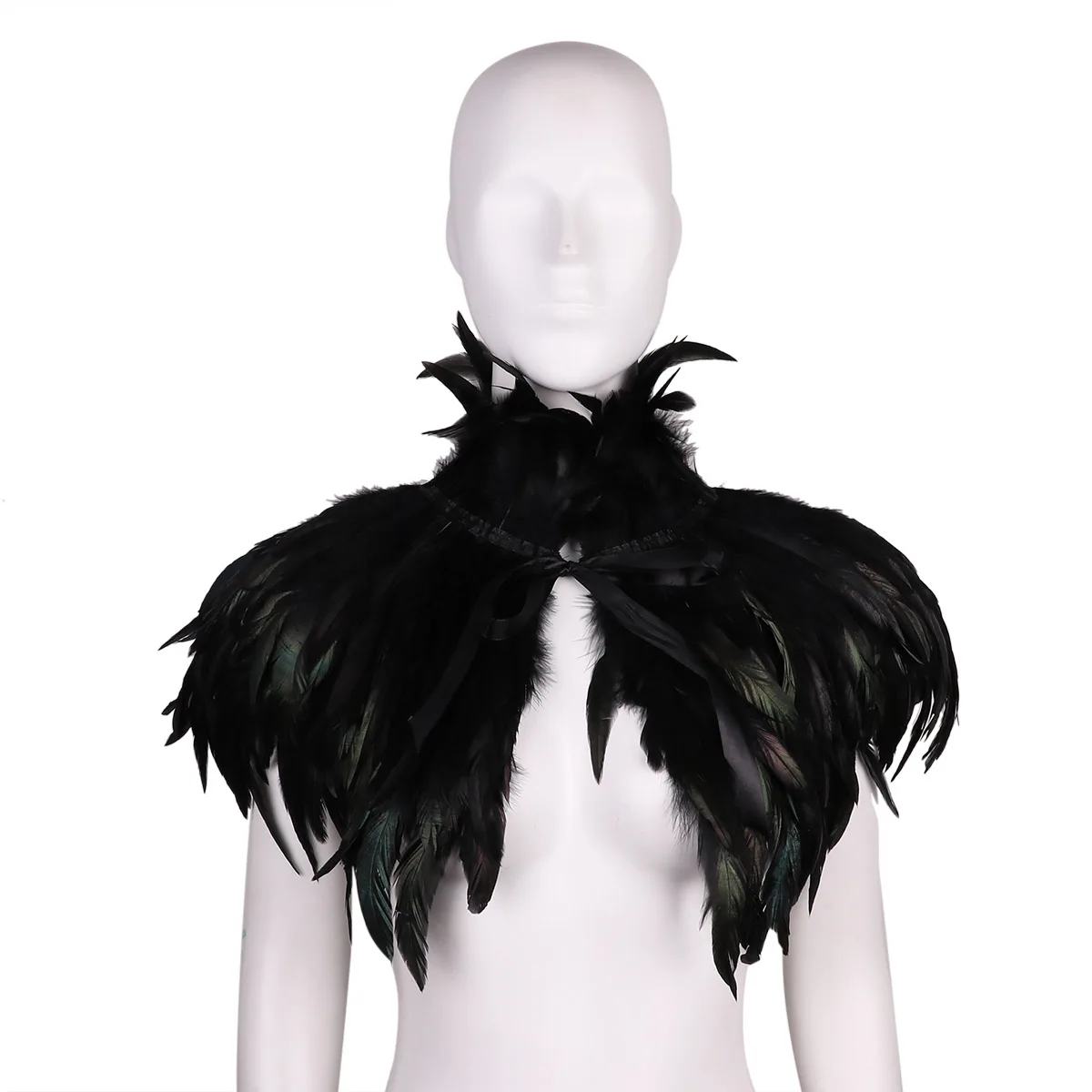 

Black Natural Feather Shoulder Cape Gothic Victorian Shawl Stole Poncho Halloween Cosplay Shrug Wrap Costume with Choker Collar